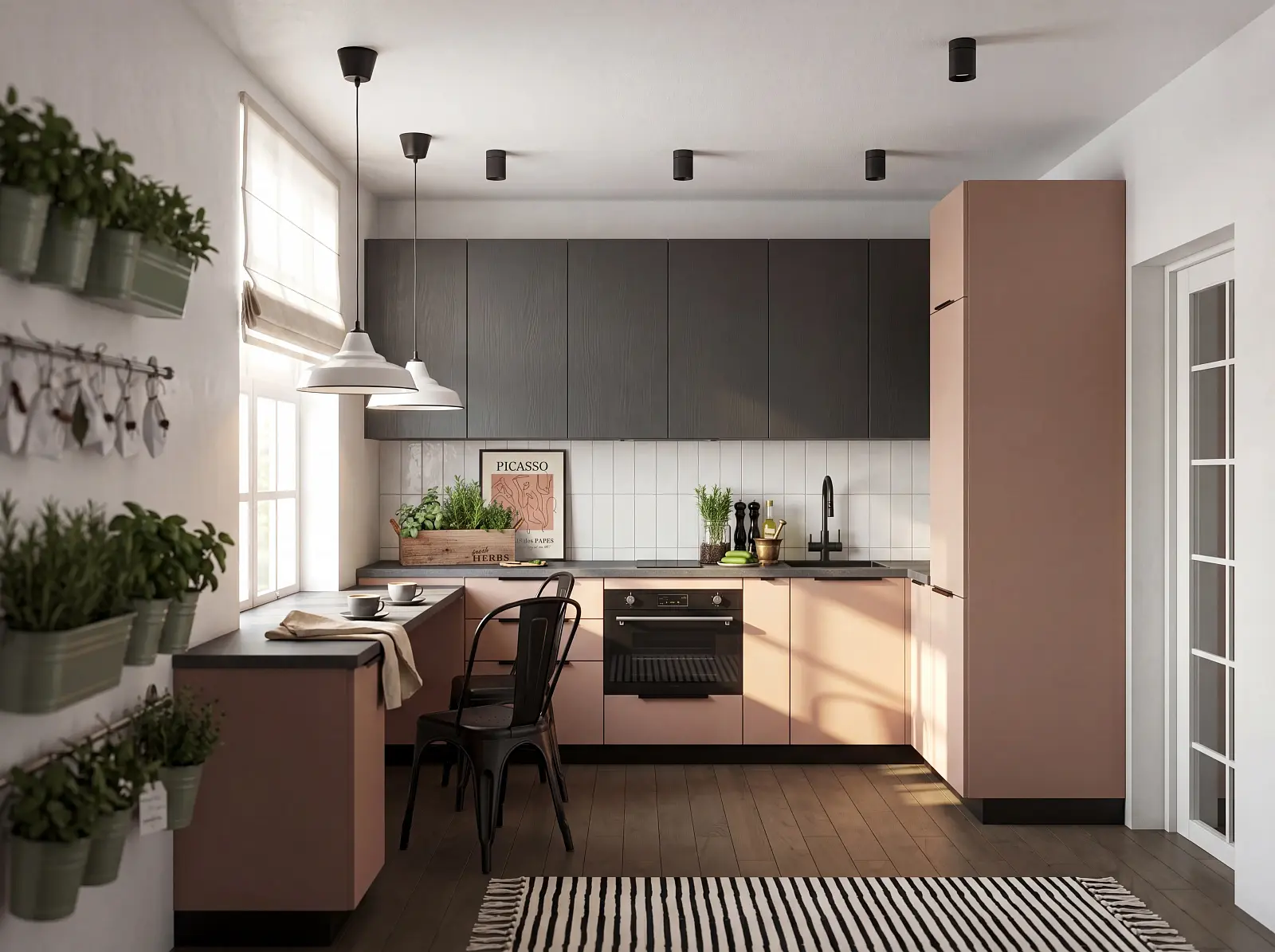 Профессиональный дизайнерский прием: комбинация неубиваемого пластика на нижнем ярусе и эстетичной экомембраны на верхних шкафах